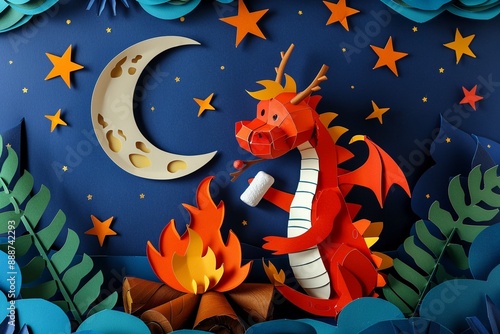 A 3D pop art front view of a happy dragon roasting marshmallows over a campfire with paper cut stars and a full moon on a dark blue background