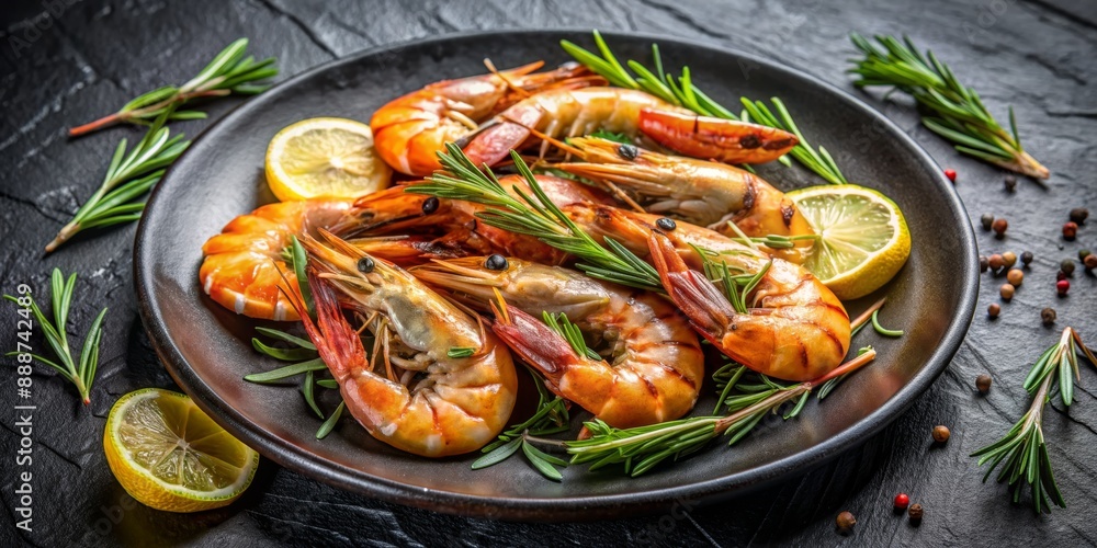 Grilled Shrimp with Rosemary and Lemon on Black Plate, Shrimp , Seafood , Appetizer , Recipe Grilled Shrimp with Rosemary and Lemon on Black Plate, Shrimp , Seafood , Appetizer , Recipe