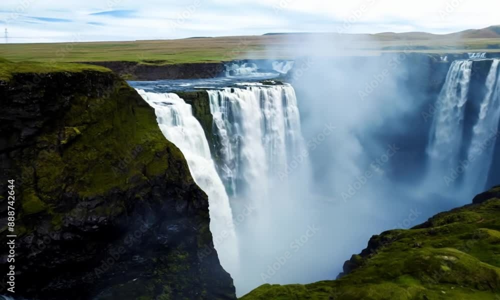 A dramatic waterfall plunging over a steep, moss-covered cliff, with mist billowing into the air and a vast plateau in the background A dramatic waterfall plunging over a steep, moss-covered cliff, with mist billowing into the air and a vast plateau in the background
