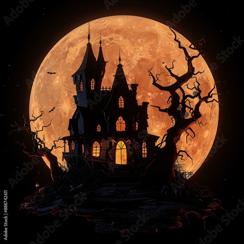 5. 3D haunted house silhouette, moon backdrop, logo style photo