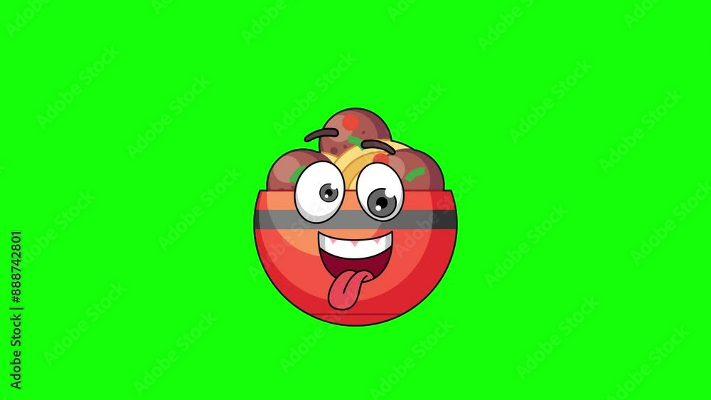 Funny face animation of meatball bowl cartoon, mascot on a greenscreen Funny face animation of meatball bowl cartoon, mascot on a greenscreen