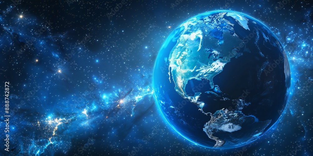 Glowing blue earth with detailed city lights against a starry space background Glowing blue earth with detailed city lights against a starry space background