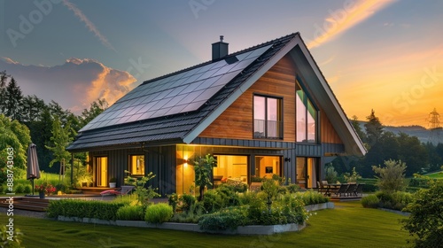 Modern Home with Solar Panels at Sunset