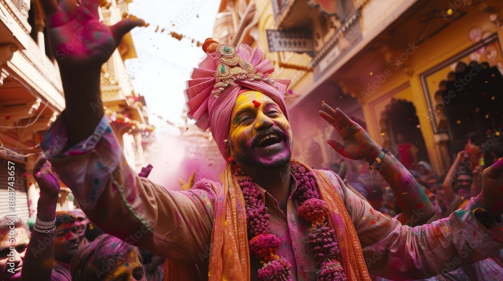 Streets Alive with Laughter and Music During Holi, Colorful Processions Spread Joy and Cheer, Ideal for Cultural Celebrations Streets Alive with Laughter and Music During Holi, Colorful Processions Spread Joy and Cheer, Ideal for Cultural Celebrations