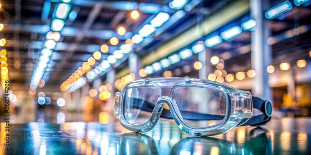 Safety Glasses on a Shiny Surface with Blurred Lights in the Background, safety, glasses, blurry , lighting Safety Glasses on a Shiny Surface with Blurred Lights in the Background, safety, glasses, blurry , lighting