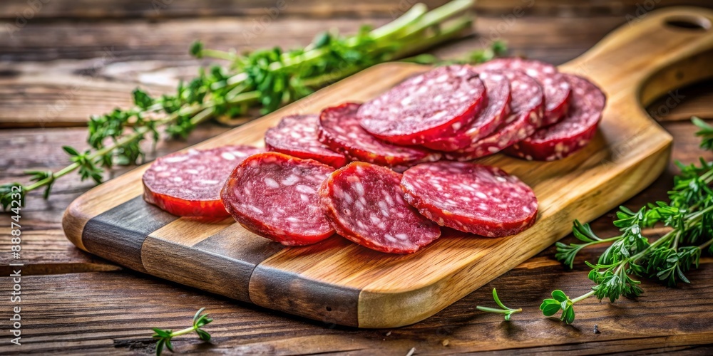 Salami Slices on Rustic Wooden Board with Fresh Herbs, Food Photography, Italian Cuisine, Appetizer, Charcuterie ,salami, food photography, charcuterie, appetizer, italian cuisine Salami Slices on Rustic Wooden Board with Fresh Herbs, Food Photography, Italian Cuisine, Appetizer, Charcuterie ,salami, food photography, charcuterie, appetizer, italian cuisine