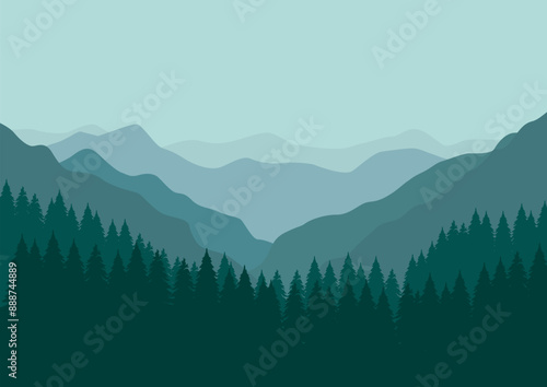 Mountains panorama. Forest mountain range landscape, camping nature landscape silhouette vector illustration. Forest range landscape, panorama silhouette hill.