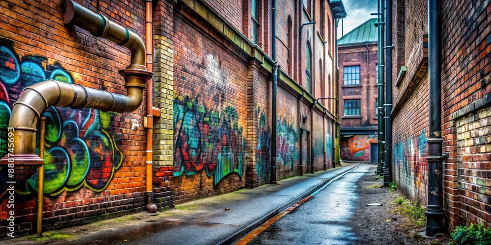 Fototapeta premium Urban Alleyway with Graffiti and Pipes, Brick Wall, Industrial, Urban Art, Street Photography, Alleyway