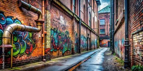 Urban Alleyway with Graffiti and Pipes, Brick Wall, Industrial, Urban Art, Street Photography, Alleyway