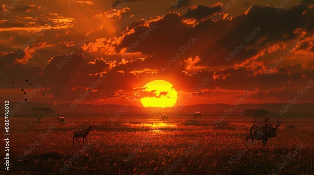 Sunset with Wild Animals: A serene sunset paints the horizon as wild elephants move gracefully across the landscape, silhouetted against the fading light.
Sunset with Wild Animals: A serene sunset paints the horizon as wild elephants move gracefully across the landscape, silhouetted against the fading light.