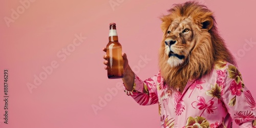 Creative Abstract Animal, Lion Wearing Pink Floral Shirt Holding a Bottle of Beer at the Beach, Paradise, Copy Space, Summer Party. Ideal for Beer Festival Summer Party Commercial Ads or Party Cold Dr
