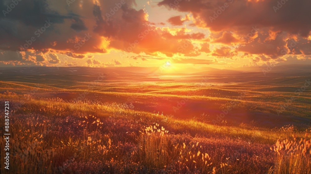 Sunset over Prairie: The sun dips low, casting a golden hue over the sprawling prairie, where the open landscape embraces the warmth of twilight.
Sunset over Prairie: The sun dips low, casting a golden hue over the sprawling prairie, where the open landscape embraces the warmth of twilight.