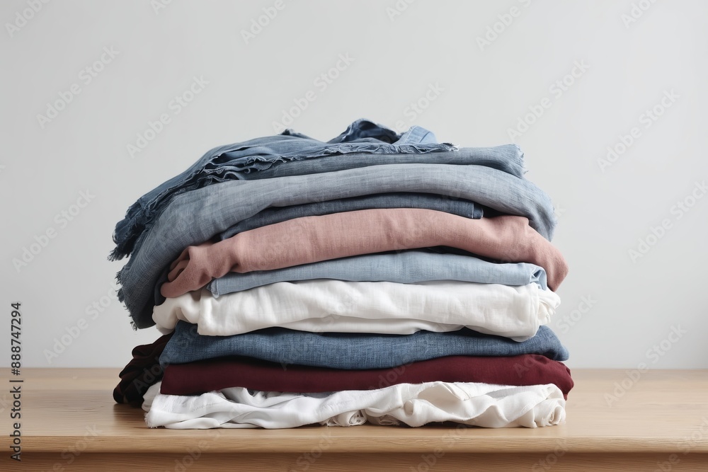 A stack of neatly folded clothes with blue jeans and white shirts isolated on a white background A stack of neatly folded clothes with blue jeans and white shirts isolated on a white background