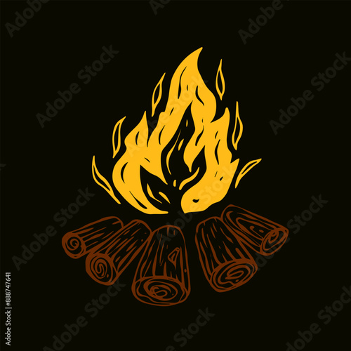 Detailed illustration of a campfire blazing with logs and flames, depicted in a vector art style