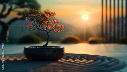 Beautiful sunset background with a miniature bonsai tree in focus, perfect blend of nature and tranquility, ideal for relaxation themes. photo