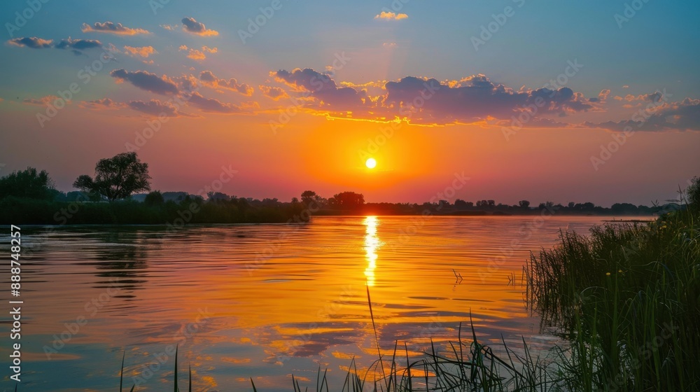 Sunset with Riverbank: The riverbank is bathed in the soft, warm glow of the setting sun, with the gentle ripples of the water reflecting the rich palette of orange, red, and purple hues in the sky.
Sunset with Riverbank: The riverbank is bathed in the soft, warm glow of the setting sun, with the gentle ripples of the water reflecting the rich palette of orange, red, and purple hues in the sky.