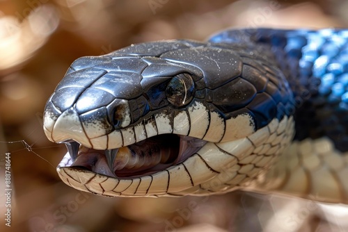 Detailed macro shot of a snake, highlighting the snake bite. Nature can be seen in the background.