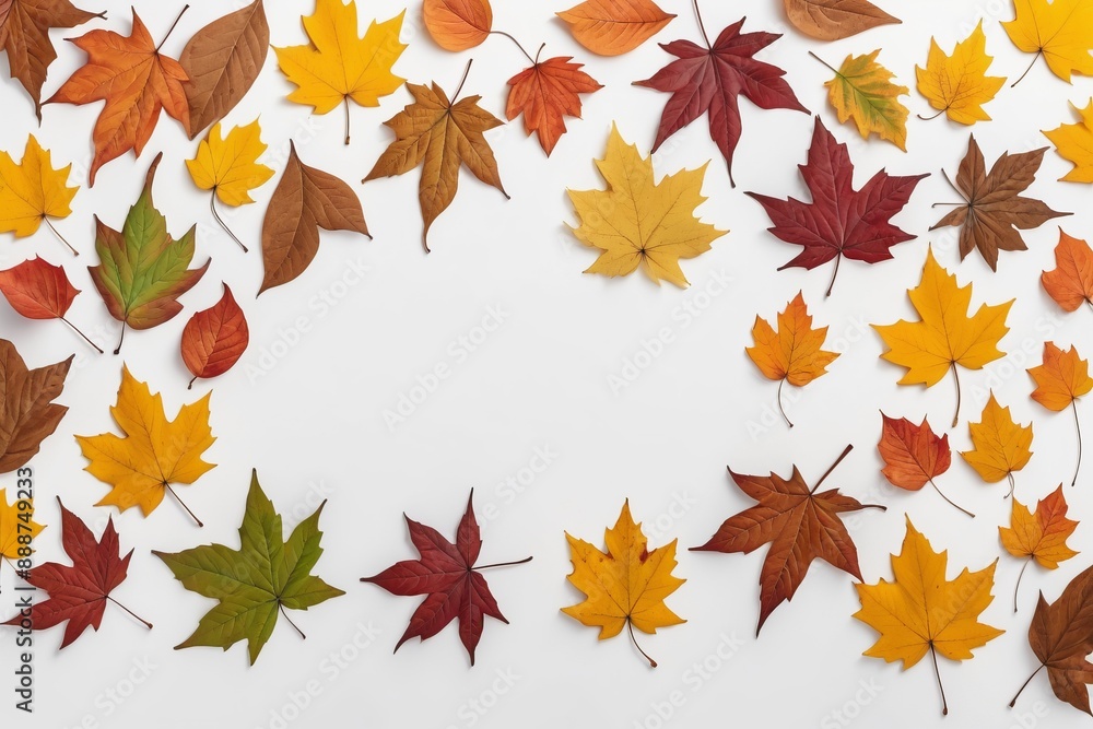 Obraz premium Autumn Leaves Frame: A vibrant arrangement of autumn leaves in various shades of red, yellow, and orange create a beautiful frame around a white background. The leaves are arranged in a natural, orga