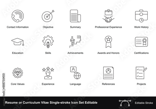 Resume or Curriculum Vitae Single-stroke Icon Set Editable