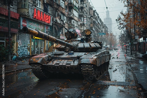 Military tank involved in intense urban warfare in the city center amidst conflict