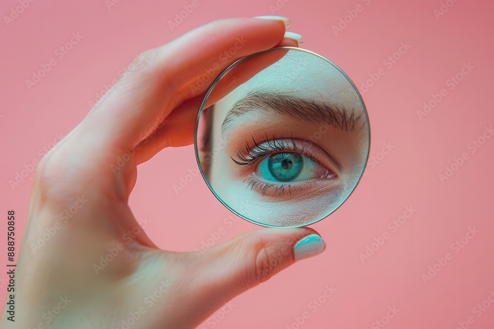 Naklejka premium A female hand holds a small mirror, reflecting an eye against a pink background, creating a mesmerizing image.