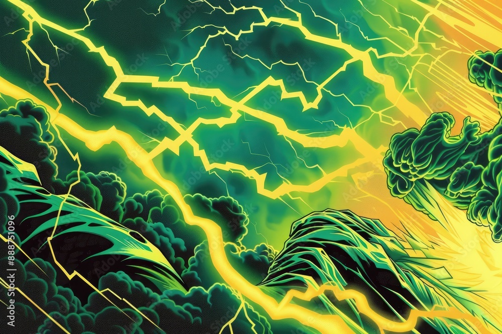 Obraz premium Green and yellow lightning strikes over stormy sea