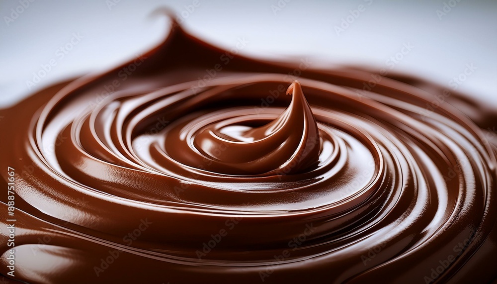A macro shot of a swirling ribbon of melted milk chocolate, capturing its creamy texture and A macro shot of a swirling ribbon of melted milk chocolate, capturing its creamy texture and