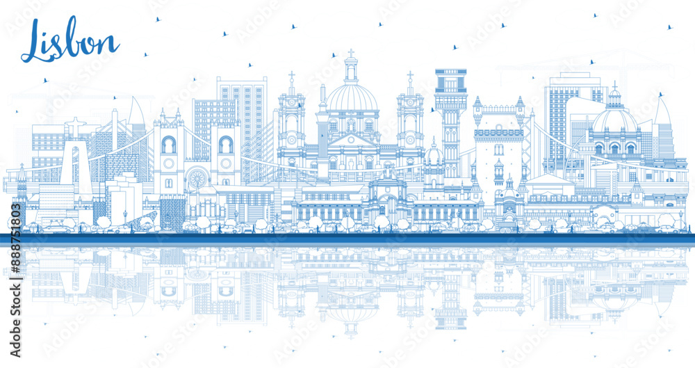 Outline Lisbon Portugal city skyline with blue buildings and reflections. Lisbon cityscape with landmarks. Business travel and tourism concept with historic architecture. Outline Lisbon Portugal city skyline with blue buildings and reflections. Lisbon cityscape with landmarks. Business travel and tourism concept with historic architecture.