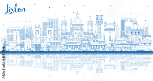 Outline Lisbon Portugal city skyline with blue buildings and reflections. Lisbon cityscape with landmarks. Business travel and tourism concept with historic architecture.
