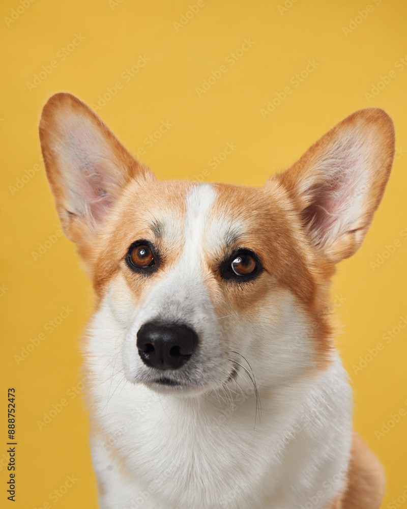 A poised Pembroke Welsh Corgi dog against a vibrant yellow backdrop, displaying the breed's characteristic attentive ears and warm, intelligent gaze A poised Pembroke Welsh Corgi dog against a vibrant yellow backdrop, displaying the breed's characteristic attentive ears and warm, intelligent gaze