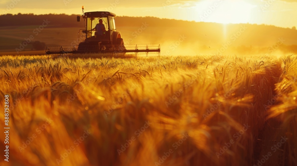 Fototapeta premium A tractor harvesting a golden wheat field at sunset, illustrating the beauty of rural agriculture and farming in the evening light.