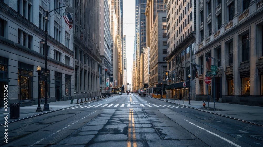 Empty city street with tall buildings on both sides, leading to a bright horizon, under clear blue sky, representing urban architectural landscape. Empty city street with tall buildings on both sides, leading to a bright horizon, under clear blue sky, representing urban architectural landscape.