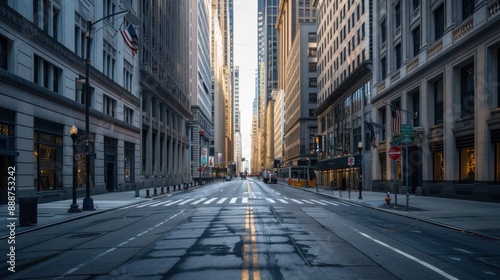 Empty city street with tall buildings on both sides, leading to a bright horizon, under clear blue sky, representing urban architectural landscape.