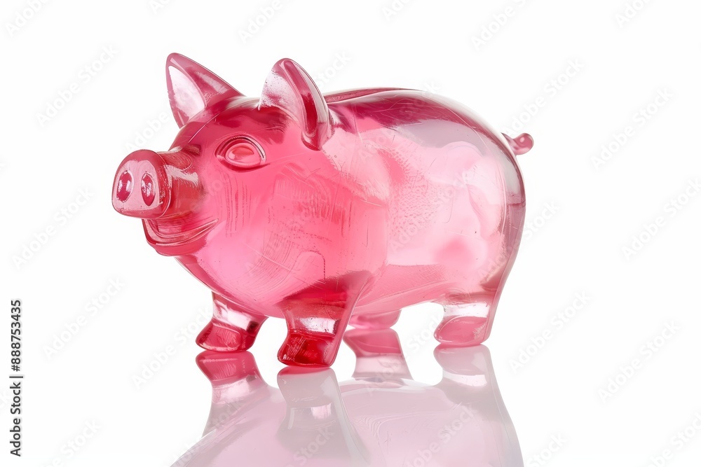 Naklejka premium Pink piggy bank with reflection on white surface