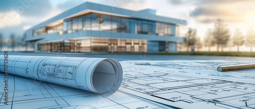 Architectural plan and blueprints for a new office building photo