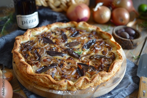 Pissaladière is a popular French onion dish from Nice made with anchovies and olives on bread or dough photo