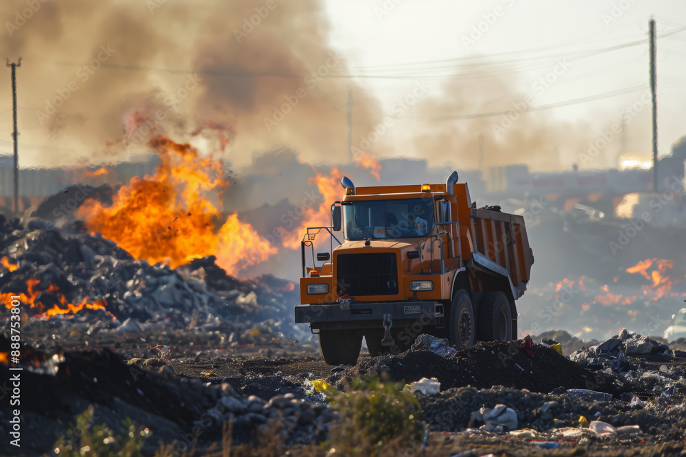 garbage truck on a background with fire at a garbage dump garbage truck on a background with fire at a garbage dump