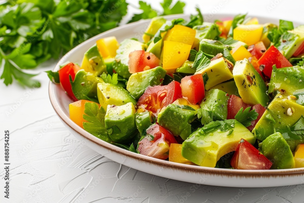Plate with delicious avocado salad on a white surface Plate with delicious avocado salad on a white surface