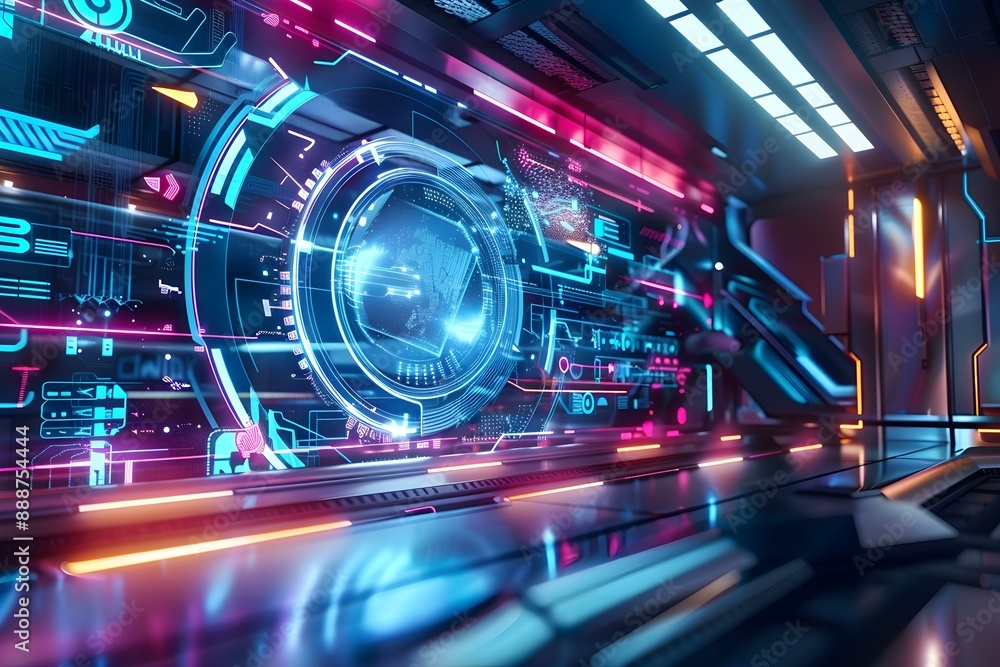 Obraz premium Futuristic AI interface with neon lights in a high tech environment, showcasing advanced technology and artificial intelligence