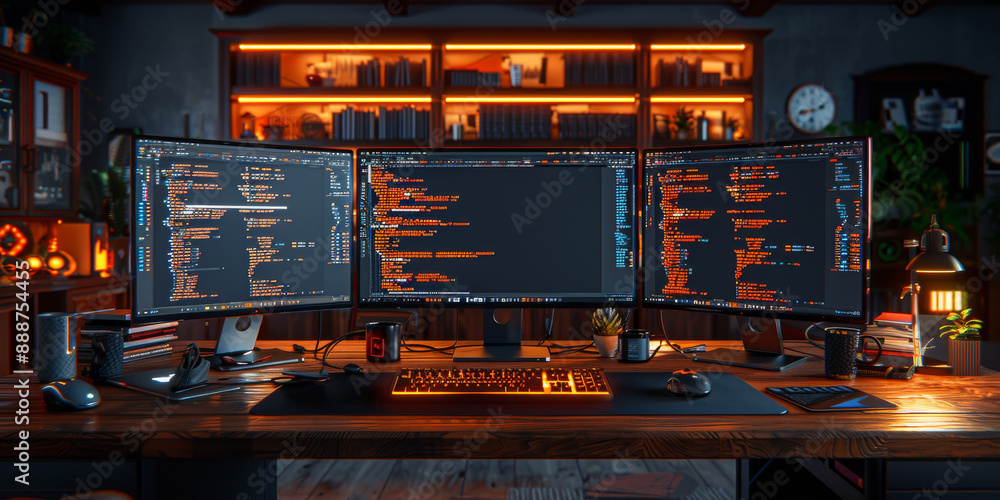 Creative digital programming language on dark backdrop. Software developer and html concept. 3D Rendering. Creative digital programming language on dark backdrop. Software developer and html concept. 3D Rendering.