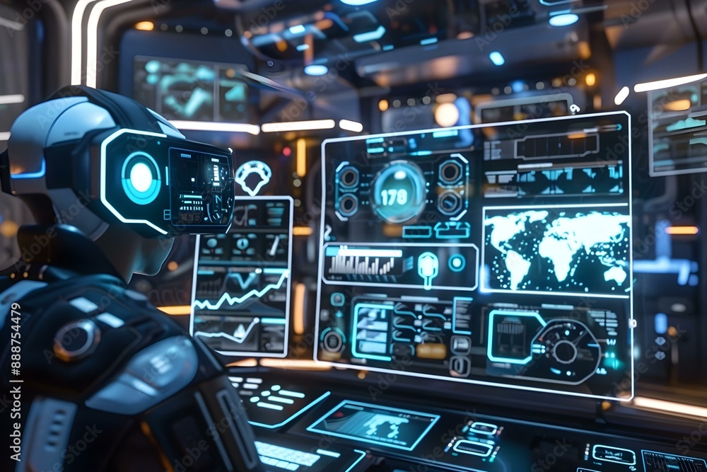 Fototapeta premium Futuristic control room with multiple VR interfaces, highlighting advanced virtual reality technology for productivity and immersive digital experiences
