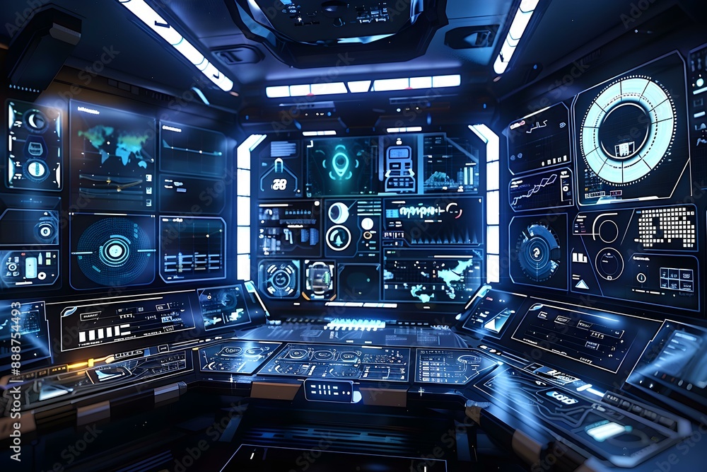 Futuristic control room with multiple VR interfaces, highlighting advanced virtual reality technology for productivity and immersive digital experiences Futuristic control room with multiple VR interfaces, highlighting advanced virtual reality technology for productivity and immersive digital experiences