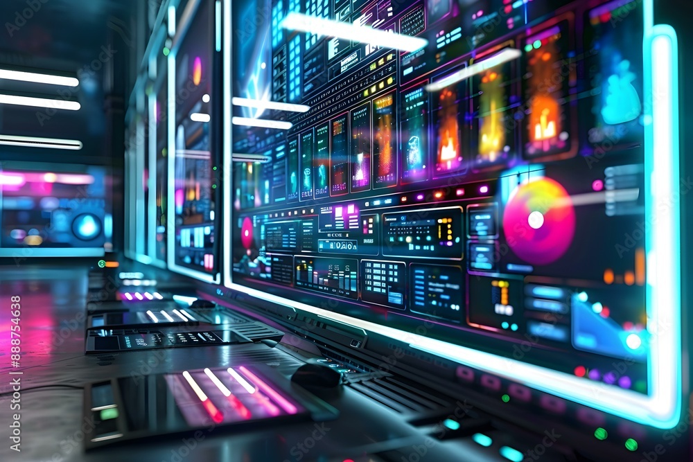 High tech AI server room with vibrant digital displays, showcasing advanced technology, innovation, and dynamic data processing High tech AI server room with vibrant digital displays, showcasing advanced technology, innovation, and dynamic data processing
