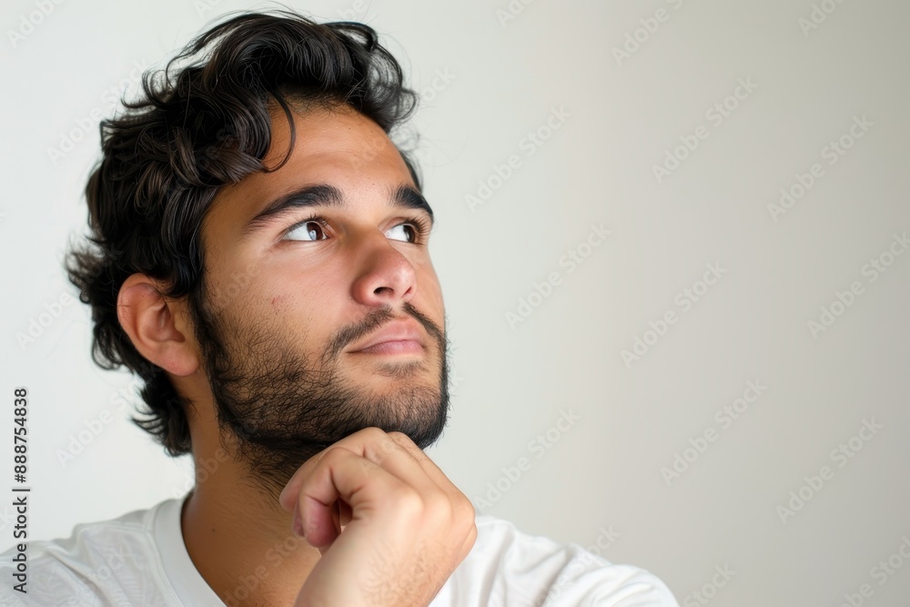 Fototapeta premium Portrait of contemplative young man on white backdrop