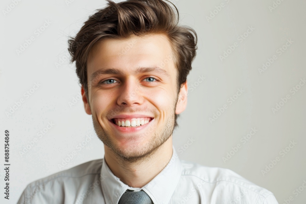 Portrait of a young successful man smiling on white background showing positive emotions Portrait of a young successful man smiling on white background showing positive emotions