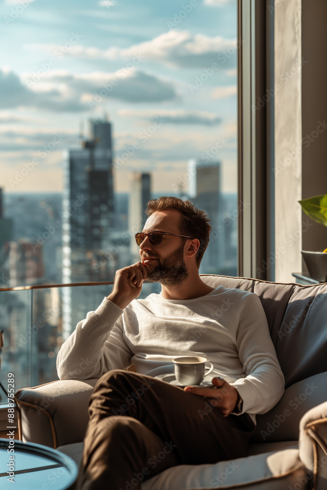 Man Relaxing with Coffee in Modern City Apartment at Sunset Man Relaxing with Coffee in Modern City Apartment at Sunset