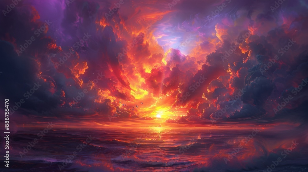 Naklejka premium Sunset with Storm Clouds: A tumultuous sky envelops the setting sun, casting an ominous glow over the horizon as storm clouds gather in solemn anticipation. 