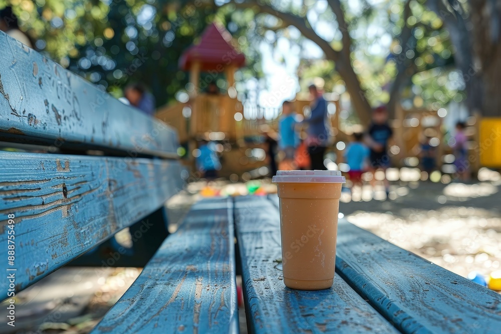Empty juice box on a playground bench with children playing Empty juice box on a playground bench with children playing