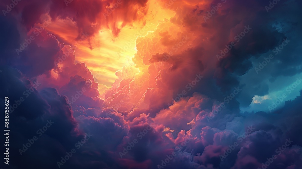 Fototapeta premium Sunset with Storm Clouds: The sun's fading light battles with brooding storm clouds, painting the sky in a tumultuous dance of fiery hues and ominous shadows. 