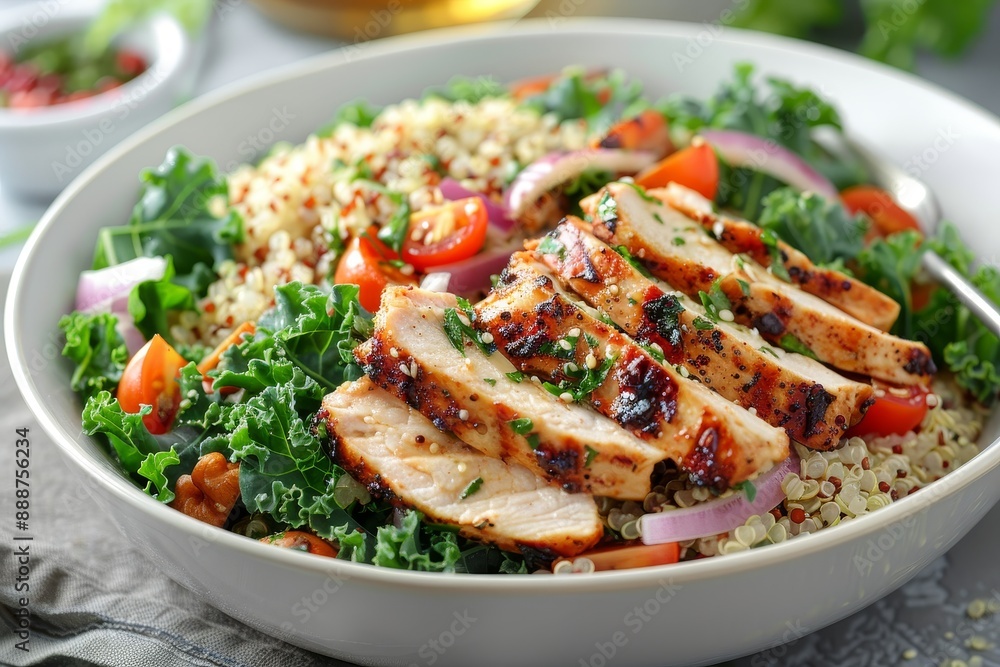 Quinoa and kale salad with sliced chicken breast topping Quinoa and kale salad with sliced chicken breast topping